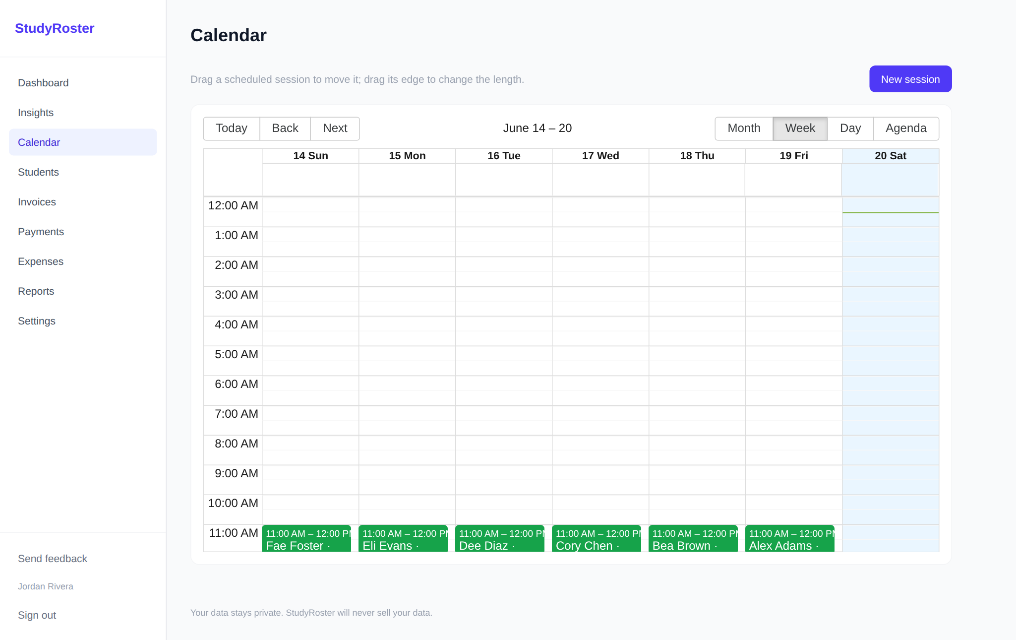StudyRoster calendar week view with scheduled tutoring sessions you can drag to reschedule.
